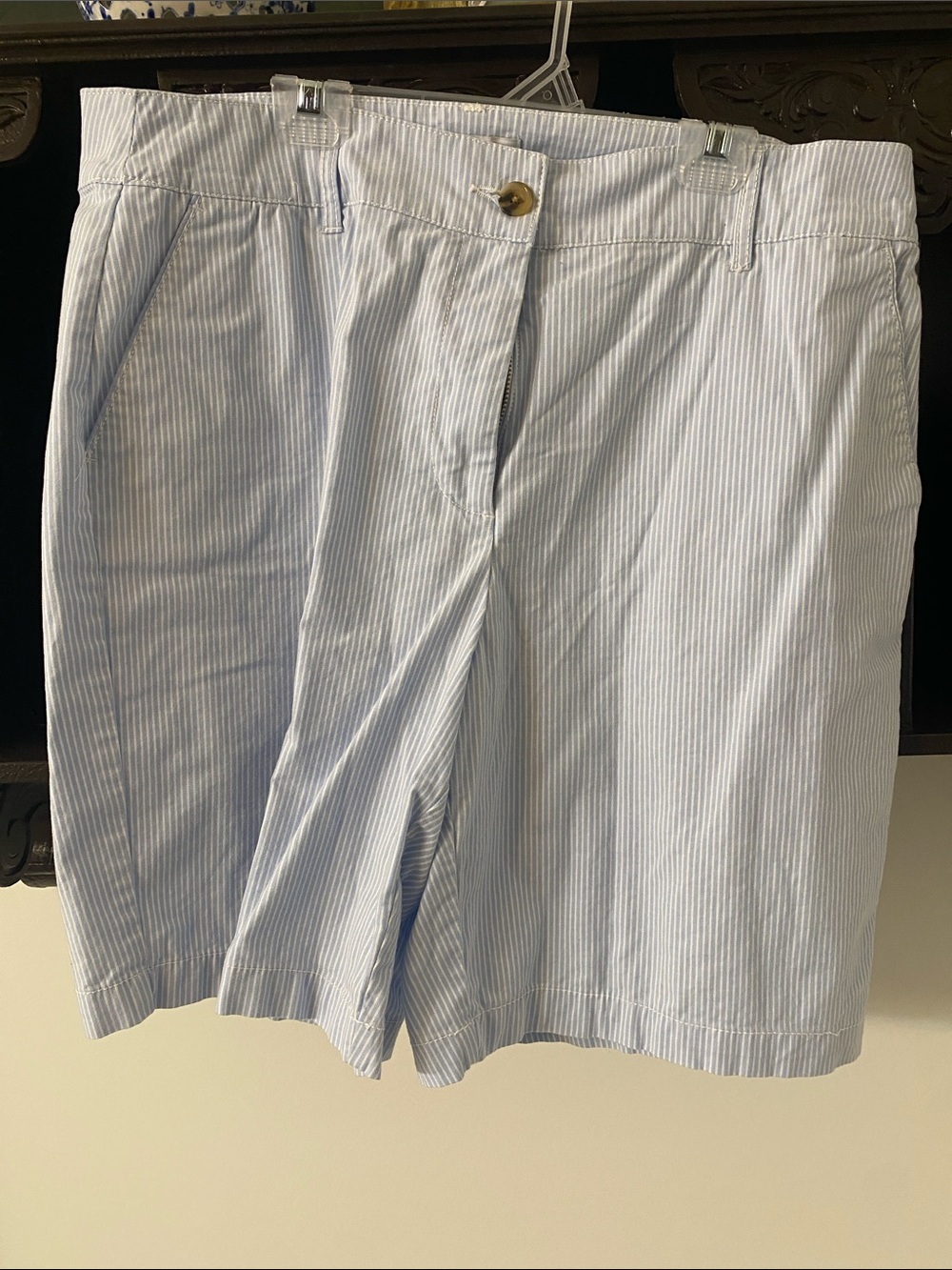 Kim Rogers Light Blue and White Pinstripe Bermuda Shorts